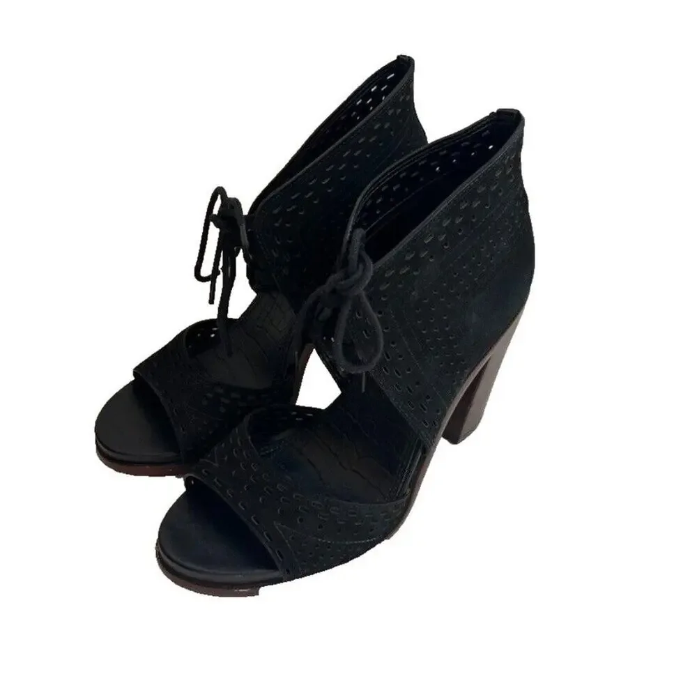 Gianni Bini Sandals Womens 8M Black Gypsy Block Heel Peep Toe Lace Up Perforated